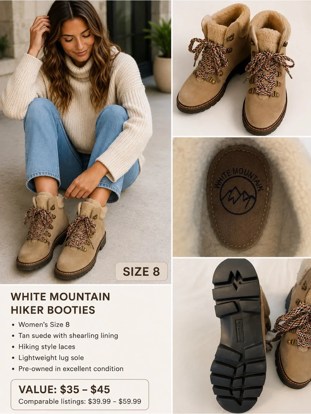White Mountain Tan Suede Hiker Booties with Shearling